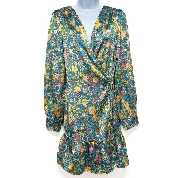 Aakaa Finding My Passion Floral Print Ruffle Wrap Dress Mini Medium Satin - Picture 3 of 10